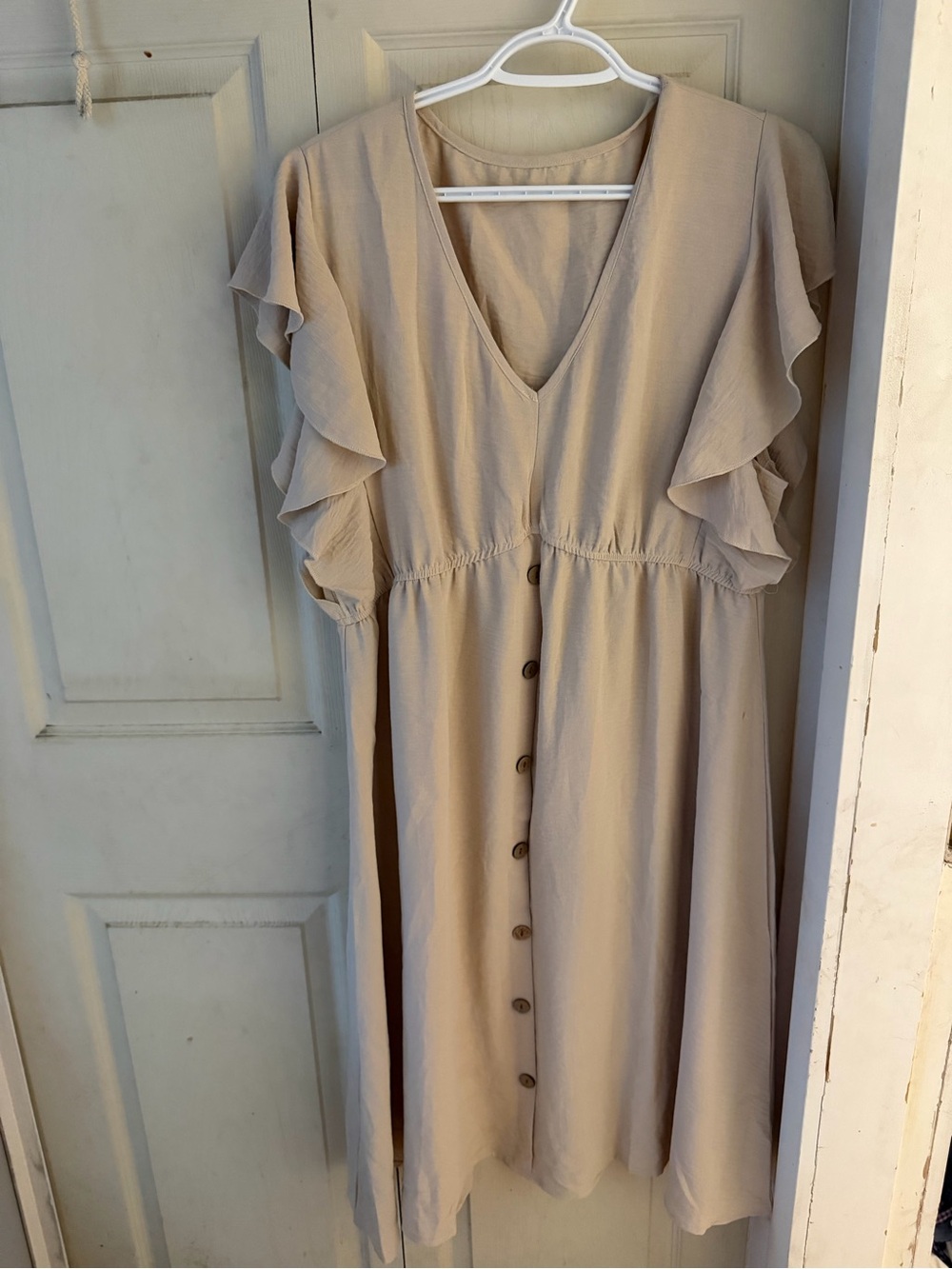 Flutter-Sleeve Button-Front Midi Dress in Taupe